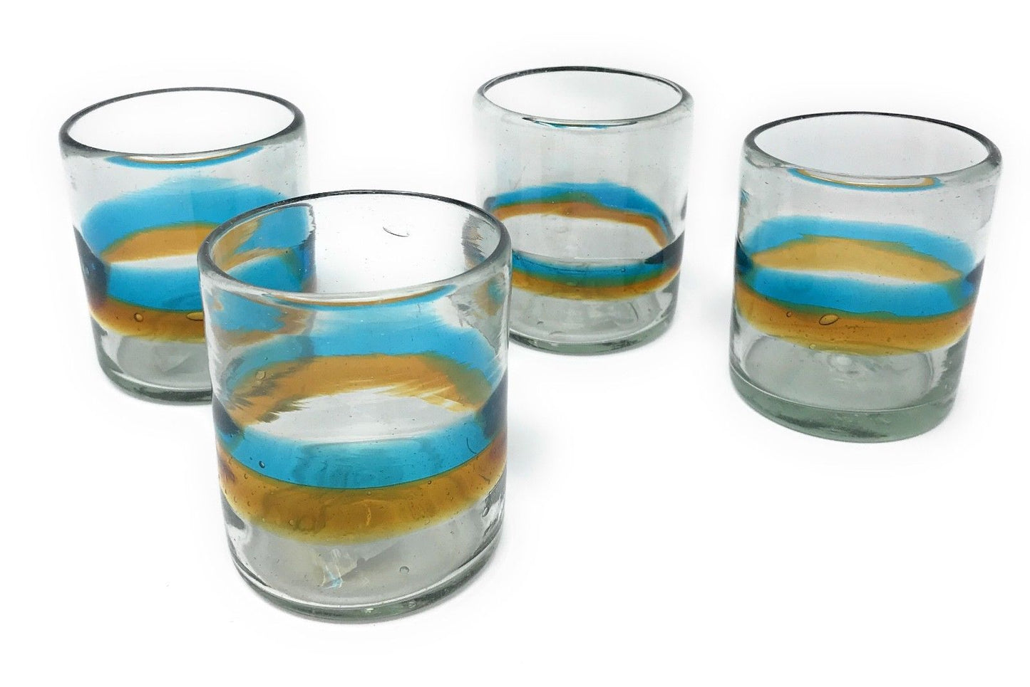 Orion Mexican Glassware Banded Turquoise / Amber 12 oz All Purpose  - Orion's Table Mexican Glassware
